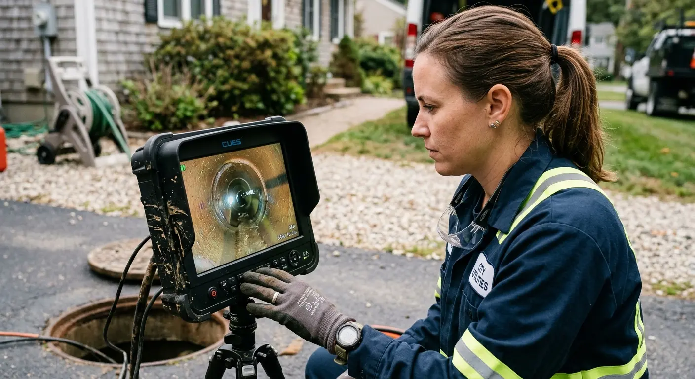 Technician reviewing sewer camera inspection footage in Rock Hill