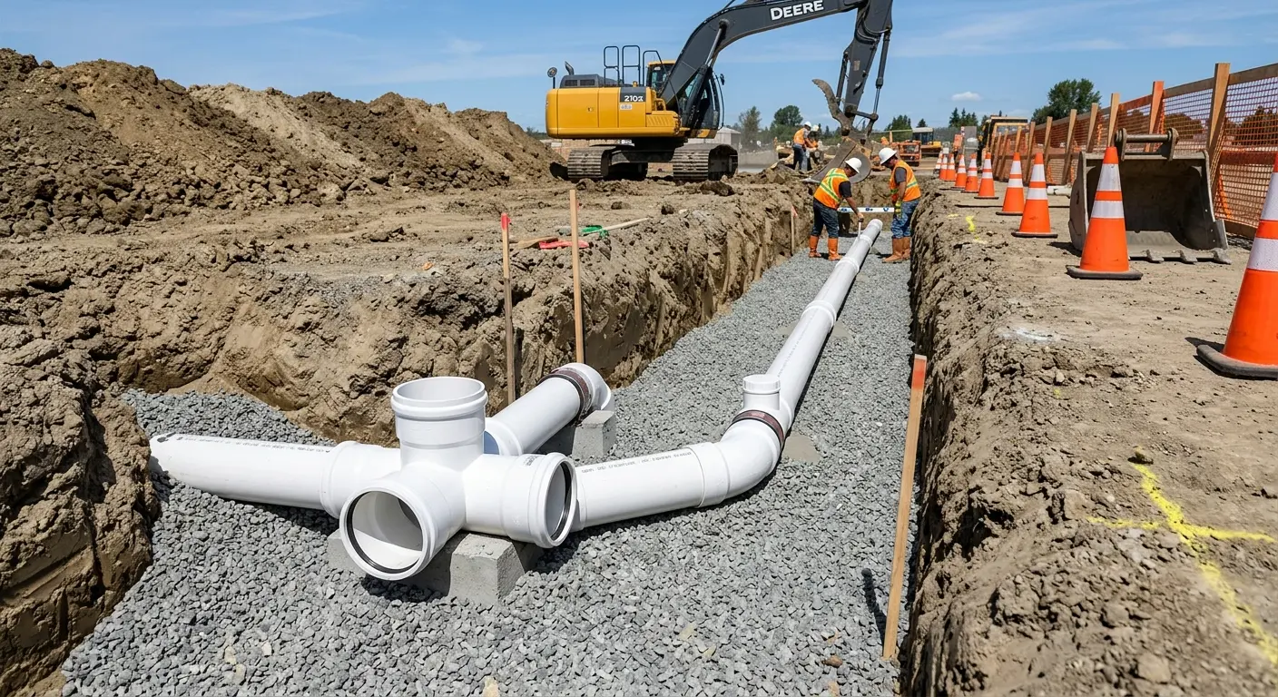 New PVC sewer pipe installation in open trench for Sewer Backup in Rock Hill