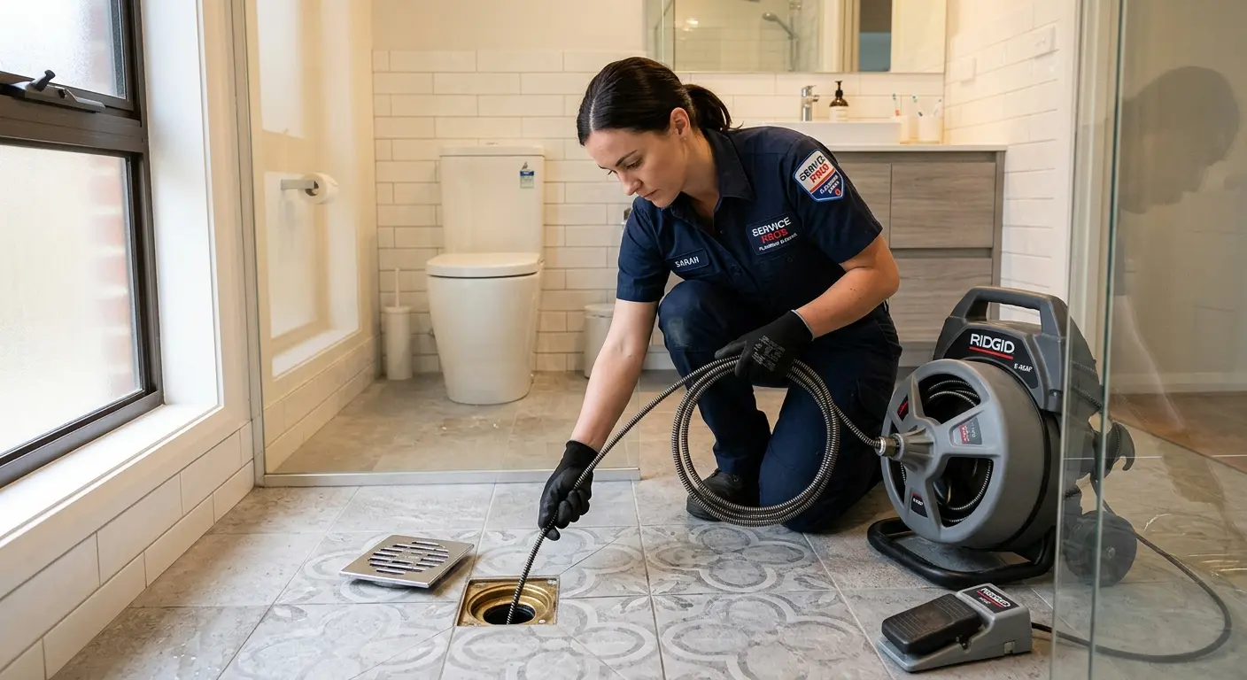 Technician clearing a bathroom floor drain for Sewer Line Installation in Rock Hill